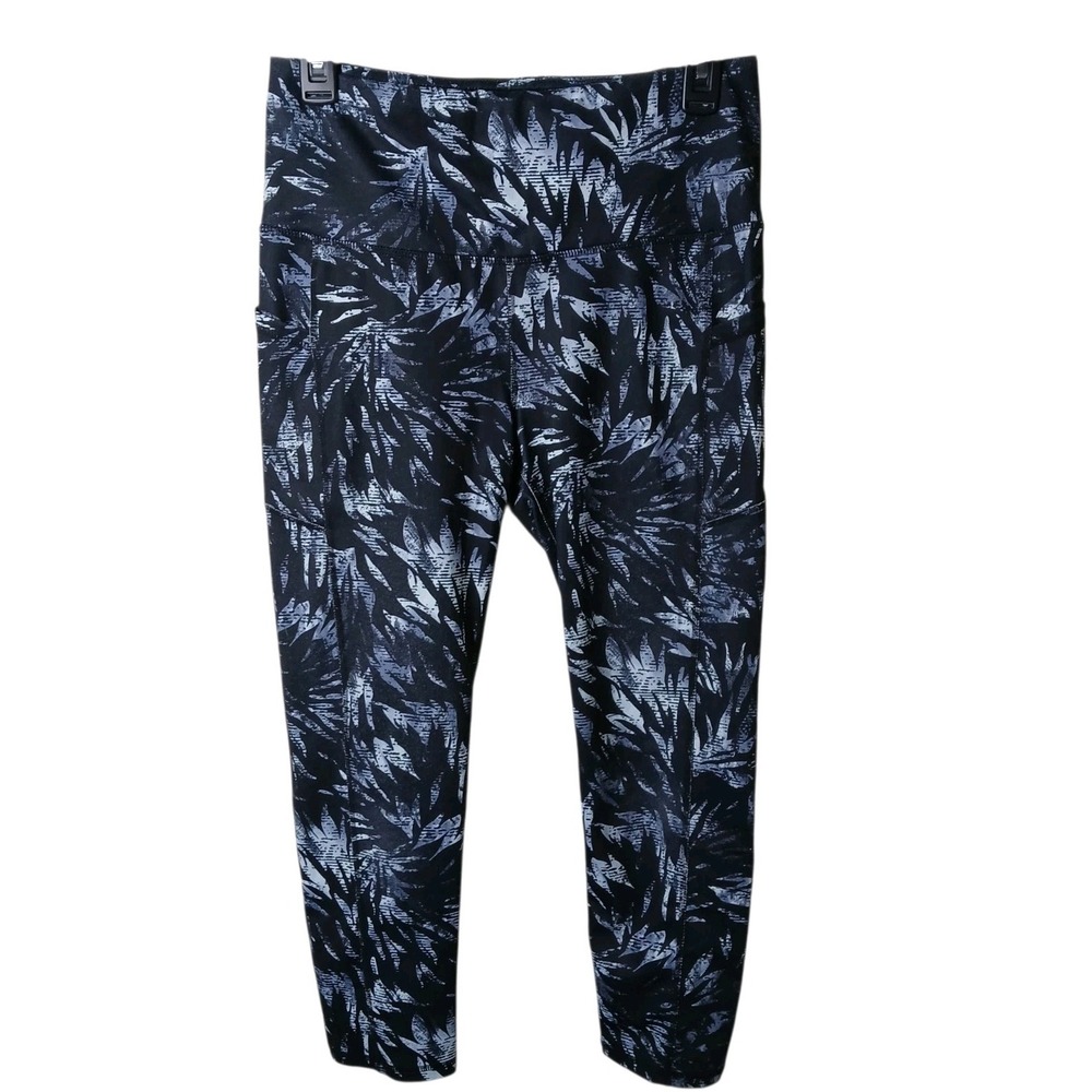 Gaiam Yoga Leggings Medium Black Gray Abstract Leaf Floral Crop Workout Athletic - Picture 2 of 16